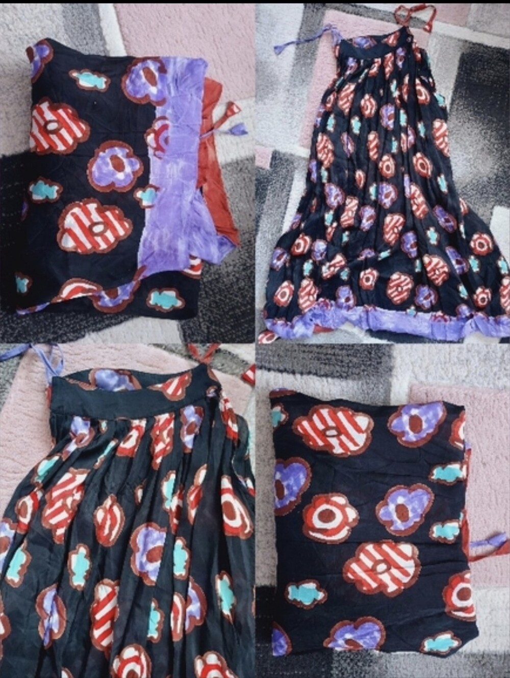Tsumori Chisato Black Floral Print Midi Dress with Red, Purple & Teal Accents